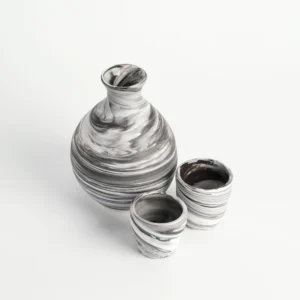 Marbled Porcelain Sake Bottle with 2 Cups/Shot Glasses