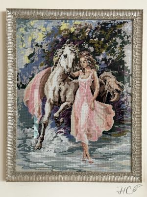 Framed Cross-Stitched Lady with a Horse Needlepoint