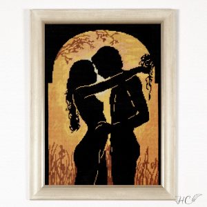 Framed Cross-Stitched Lune de Miel (Honeymoon) Needlepoint